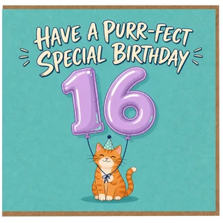 16th Birthday Card, Purr - fect Special Birthday Cat Card
