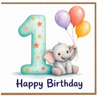 1st Birthday Card for Boy or Girl, Cute Elephant with Balloons Happy Birthday Card