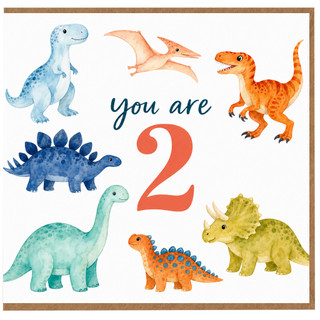 2nd Birthday Card, Dinosaur Birthday Card for Boy or Girl