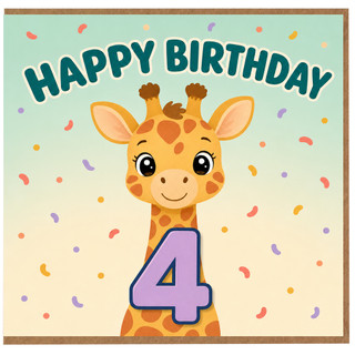 4th Birthday Card, Cute Giraffe Happy Birthday Card