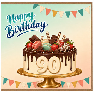 90th Birthday Card, Happy Birthday Cake Design Card
