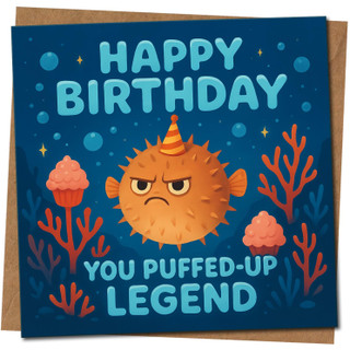 Funny Pufferfish Birthday Card - You Puffed-Up Legend - Ocean Design - Square 145mm x 145mm -, Includes Kraft Envelope
