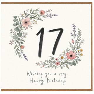 17th Birthday Card, Floral Wreath Happy Birthday Card