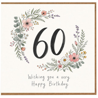 60th Birthday Card, Floral Wreath Happy Birthday Card