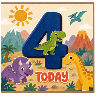 4th Birthday Card, Dinosaur Birthday Card for Kids, Today Card
