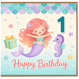 1st Birthday Card for Girl, Mermaid Happy Birthday Card