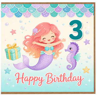 3rd Birthday Card for Girl Mermaid Happy Birthday Card