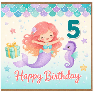 5th Birthday Card, Mermaid Birthday Card for Girl