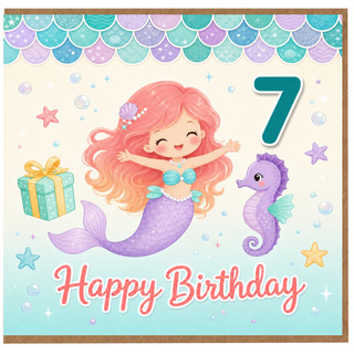 7th Birthday Card Mermaid Happy Birthday Card