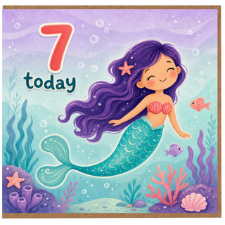 7th Birthday Card, Mermaid Birthday Card for Girl, 7 Today