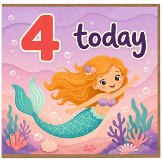 4th Birthday Card, Cute Mermaid Birthday Card