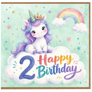 2nd Birthday Card, Cute Unicorn and Rainbow Design