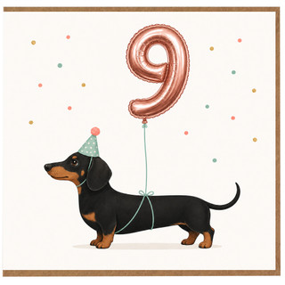9th Birthday Card for Dog Lover, Cute Dachshund Party Card