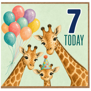 7th Birthday Card for Child, Cute Giraffe Balloons Card