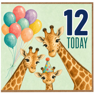 12th Birthday Card Cute Giraffe Balloons Design