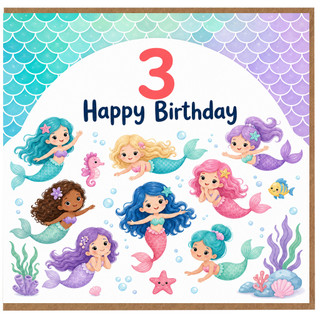 3rd Birthday Card for Girl, Cute Mermaid Happy Birthday Card