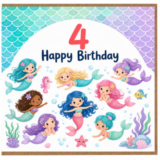 4th Birthday Card for Girl, Mermaid Happy Birthday Card