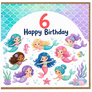 6th Birthday Card for Girl, Mermaid Happy Birthday Card