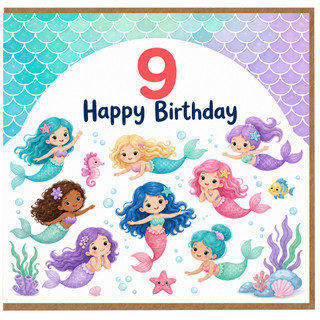 9th Birthday Card Mermaid Design Happy Birthday Card