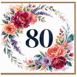 80th Birthday Card, Floral Wreath Birthday Card