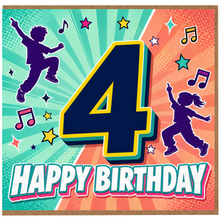 4th Birthday Card, Happy Birthday Card for Boy or Girl, Dancing Music Party Design