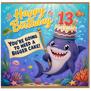 13th Birthday Card, Shark Birthday Card for Boy or Girl