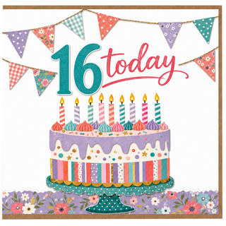 16th Birthday Card, 16 Today Card with Colourful Cake and Bunting