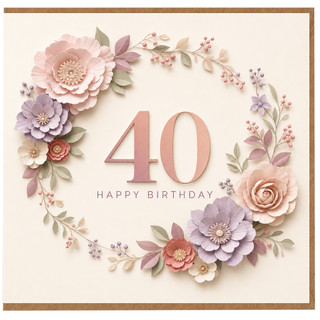 40th Birthday Card, Floral Happy Birthday Card, Pastel Flower Wreath Card