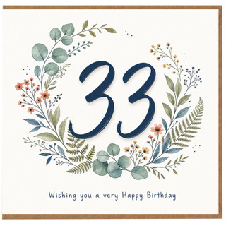 33rd Birthday Card, Floral Wreath Happy Birthday Card
