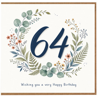 64th Birthday Card, Floral Wreath Happy Birthday Card