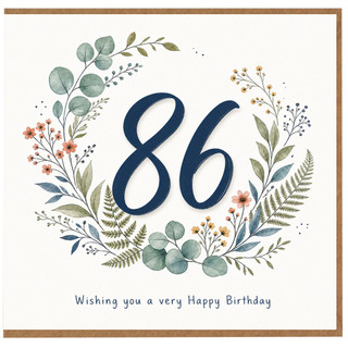 86th Birthday Card, Floral Wreath Happy Birthday Card