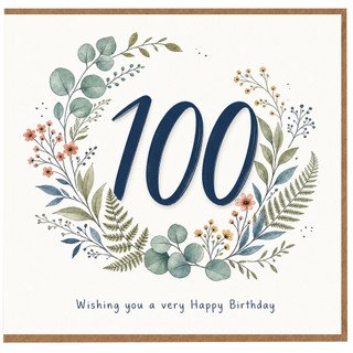 100th Birthday Card, Floral Wreath Happy Birthday Card