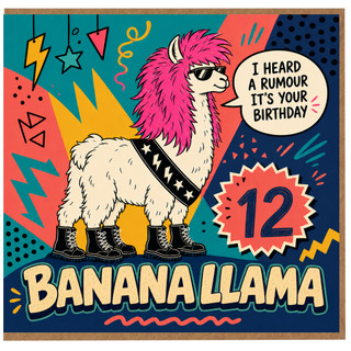 12th Birthday Card for Llama Lover, Funny Banana Llama Birthday Card