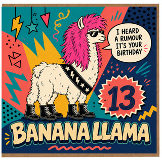 13th Birthday Card for Teen Girl or Boy, Banana Llama Birthday Card