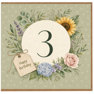 3rd Birthday Card, Floral Wreath Happy Birthday Card