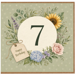 7th Birthday Card, Floral Happy Birthday Card
