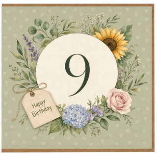 9th Birthday Card Floral Wreath Happy Birthday Card
