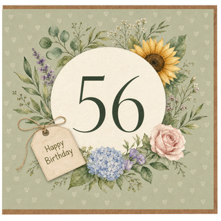 56th Birthday Card, Floral Wreath Happy Birthday Card