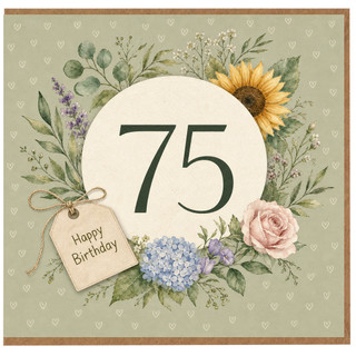 75th Birthday Card, Floral Botanical Birthday Card with Happy Birthday Tag