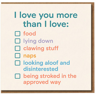 Funny Cat Love Card - I Love You More Than Food, Naps and Looking Aloof - Cute Anniversary/Valentine's Day Card
