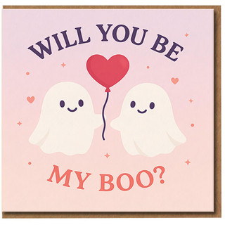 Will You Be My Boo? Cute Ghosts Greeting Card - Love/Halloween Valentine's Card with Heart Balloon, Sweet Romantic for Partner, Boyfriend or Girlfriend