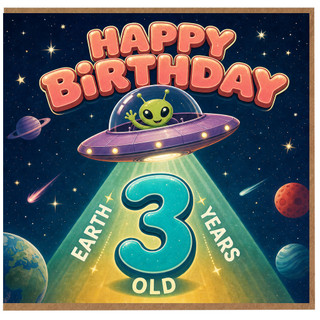3rd Birthday Card, Space Alien UFO Birthday Card