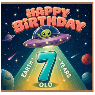 7th Birthday Card, Happy Birthday Space Alien UFO Card