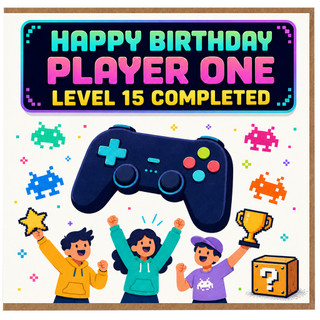 15th Birthday Card for Gamer, Happy Birthday Player One Level 15 Completed Card