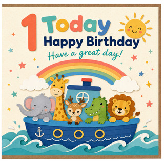 1st Birthday Card, Happy Birthday Cute Animal Boat Design