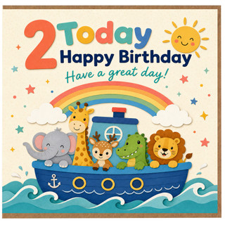 2nd Birthday Card for Boy or Girl, Cute Animal Boat Rainbow Happy Birthday Card