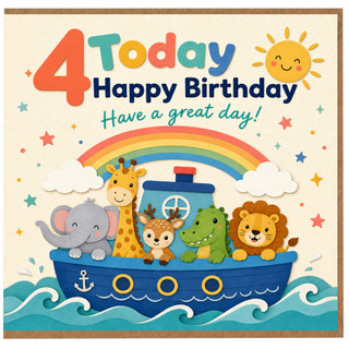 4th Birthday Card for Boy or Girl, Cute Safari Animals Boat and Rainbow Happy Birthday Card