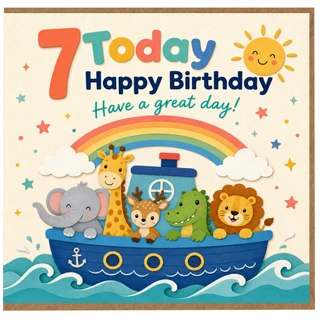 7th Birthday Card for Kids, Cute Animals and Rainbow Happy Birthday Card