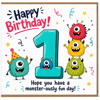 1st Birthday Card, Funny Monster Birthday Card for Boy or Girl