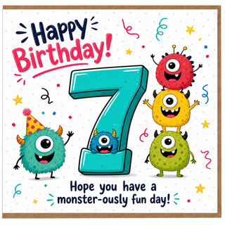 7th Birthday Card, Monster Birthday Card for Child